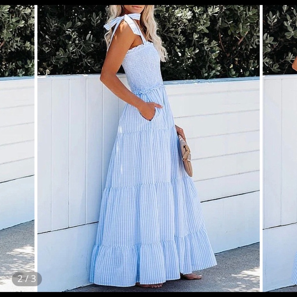 Women Vertical Stripes String Casual Maxi Dresses